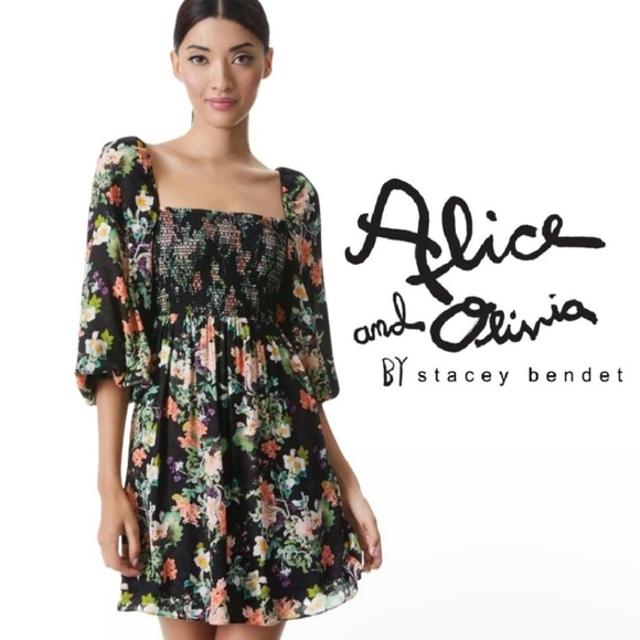Alice & Olivia Cooper Floral Smocked Minidress 8 - Picture 1 of 8